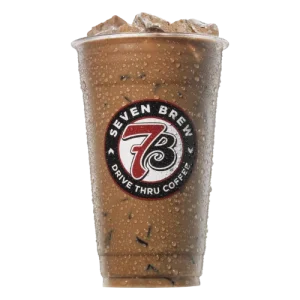 a plastic cup 7 Brew Brunette with ice and liquid in it
