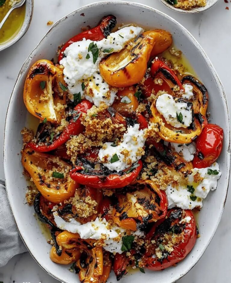 Grilled Marinated Peppers with Burrata and Crunchy Breadcrumbs!