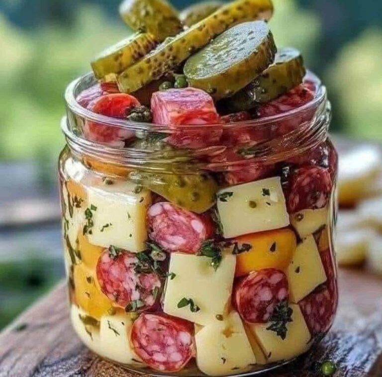 Easy Marinated Cheese Appetizer with Salami & Pickles!