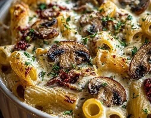 Creamy Mushroom Mediterranean Pasta Bake!