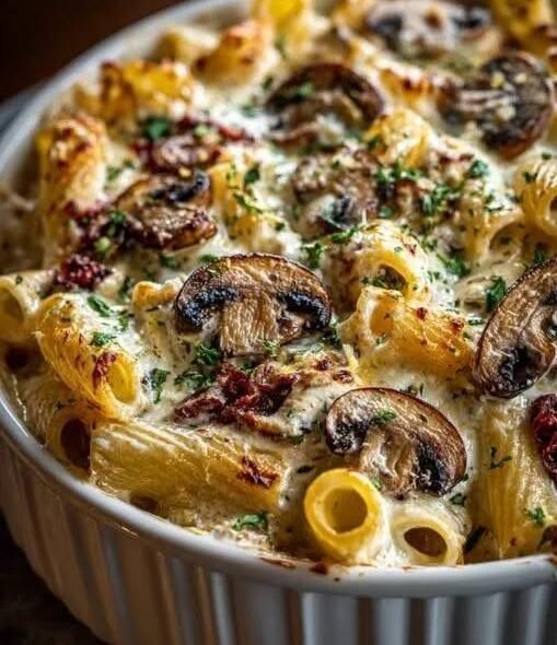 Creamy Mushroom Mediterranean Pasta Bake!