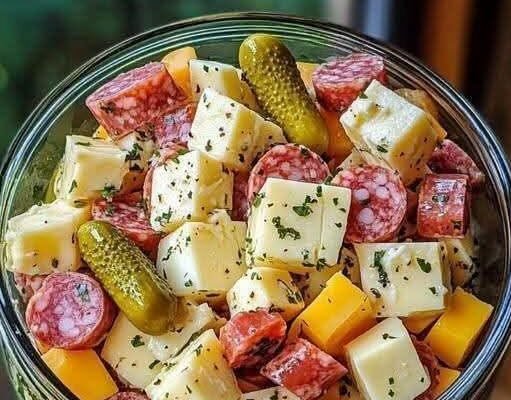 Easy Marinated Cheese Appetizer with Salami & Pickles!