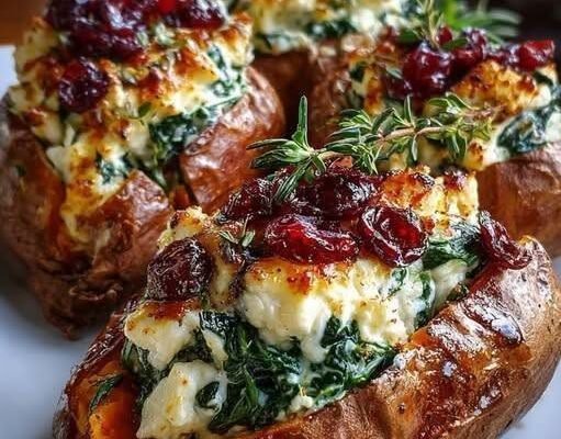 Stuffed Sweet Potatoes with Spinach, Cheese, and Cranberries!