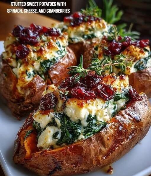 Stuffed Sweet Potatoes with Spinach, Cheese, and Cranberries!