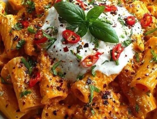 Roasted Red Pepper Rigatoni with Burrata Cream Sauce!