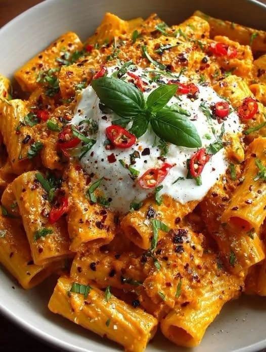 Roasted Red Pepper Rigatoni with Burrata Cream Sauce!