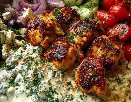 Greek Chicken Souvlaki Bowls with Lemon Feta Sauce!