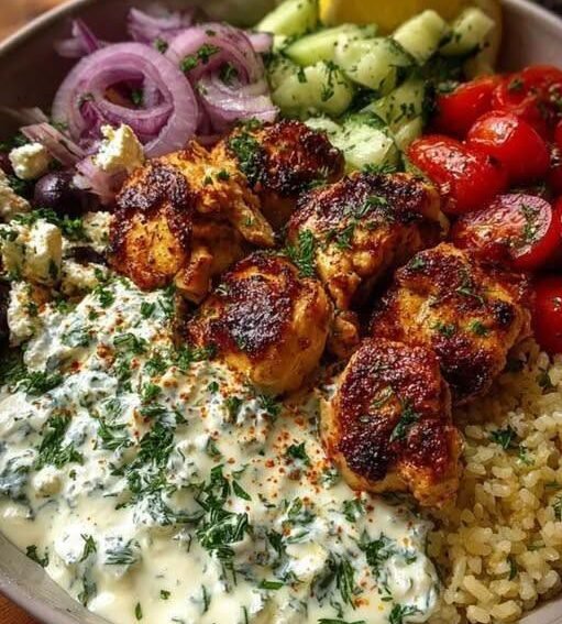 Greek Chicken Souvlaki Bowls with Lemon Feta Sauce!