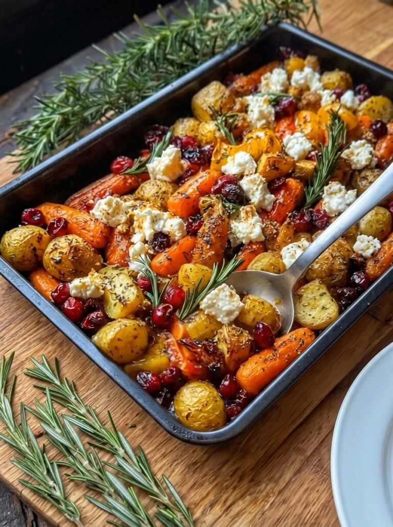 Roasted Baby Potatoes and Carrots with Cranberries, Feta, and Rosemary!