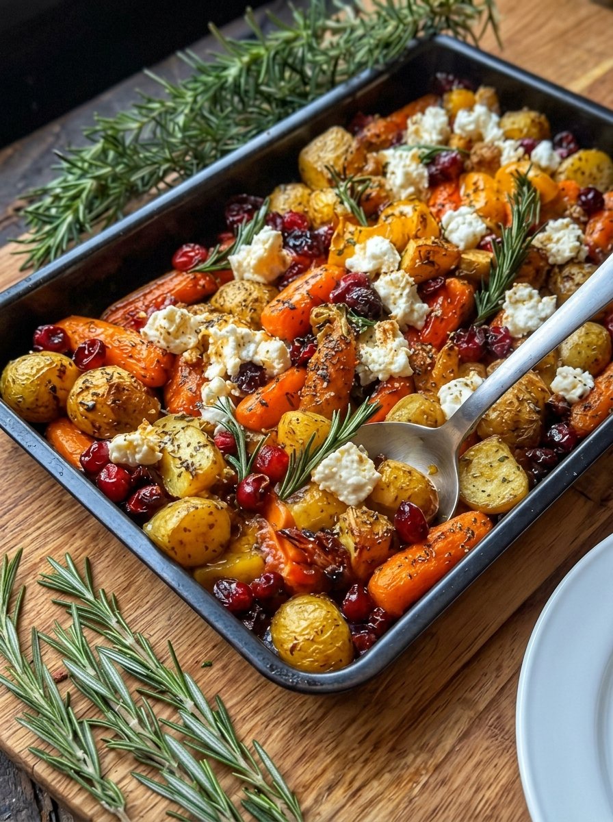 Roasted Baby Potatoes and Carrots with Cranberries, Feta, and Rosemary!