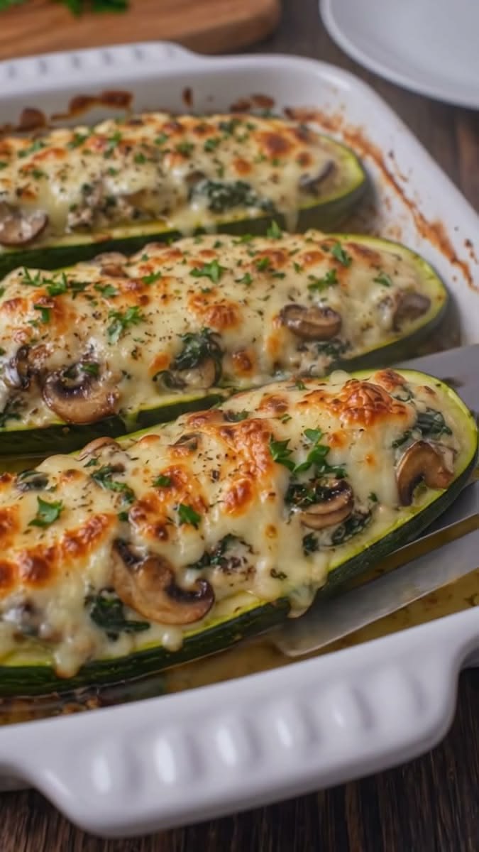 Cheesy Spinach and Mushroom Stuffed Zucchini Boats