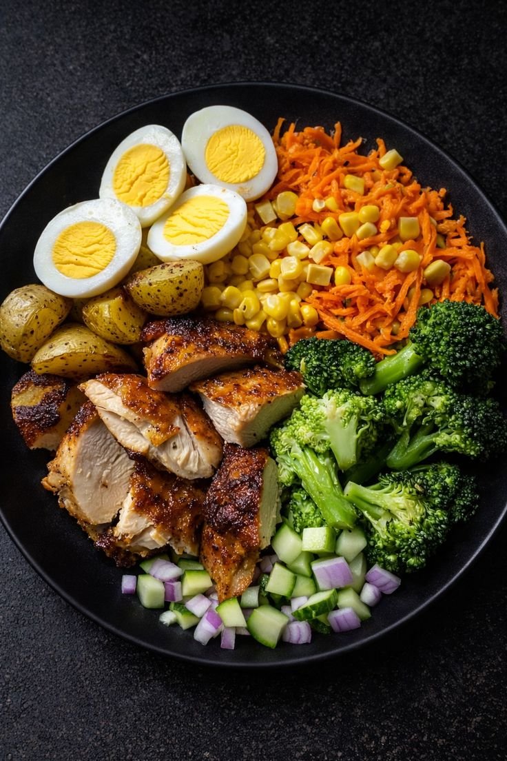 Healthy Chicken and Egg Meal Prep Bowl with Roasted Potatoes and Fresh Vegetables