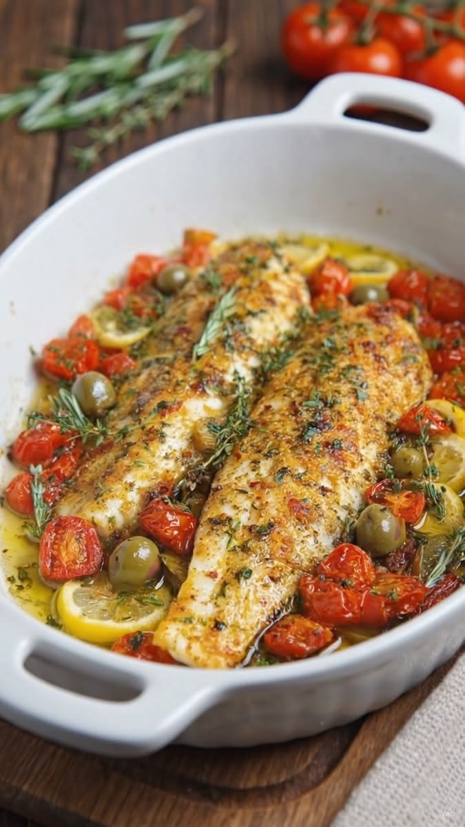 Mediterranean Baked White Fish with Cherry Tomatoes, Olives, and Lemon