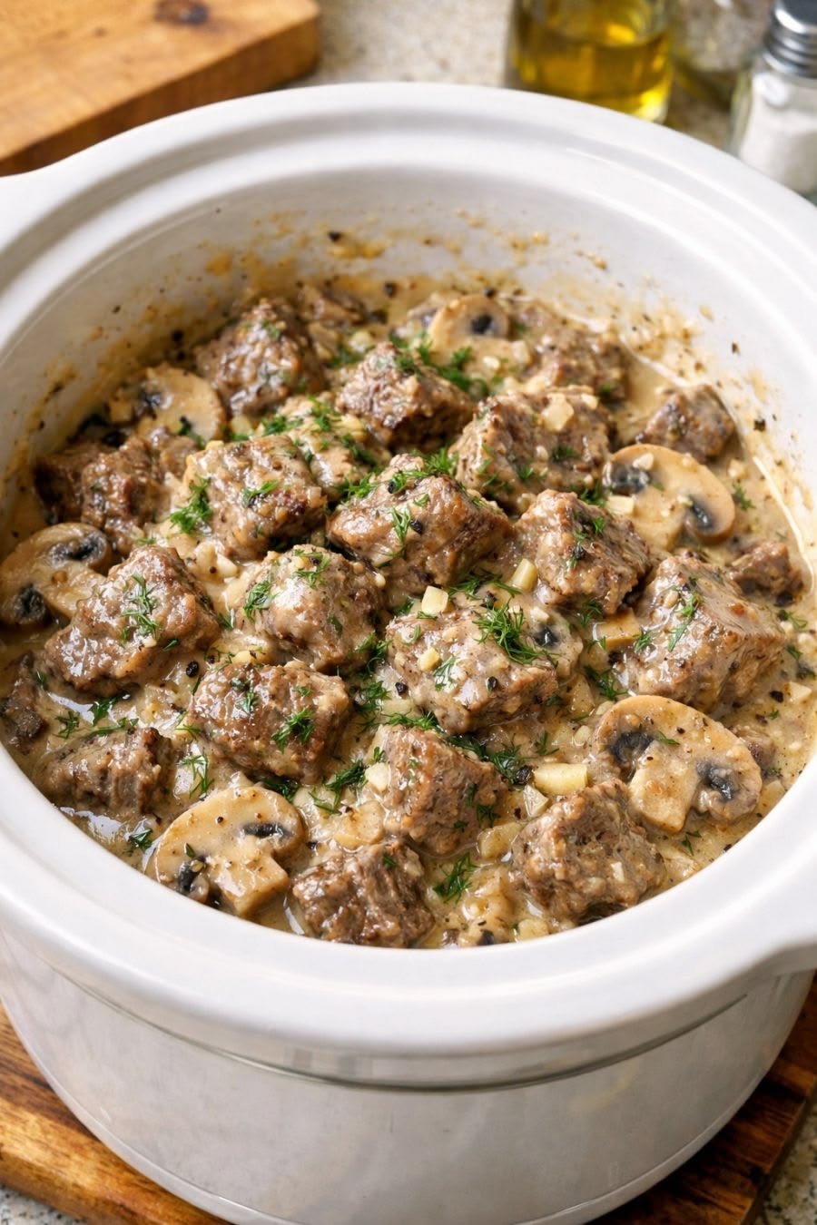 Slow Cooker Creamy Garlic Beef and Mushrooms