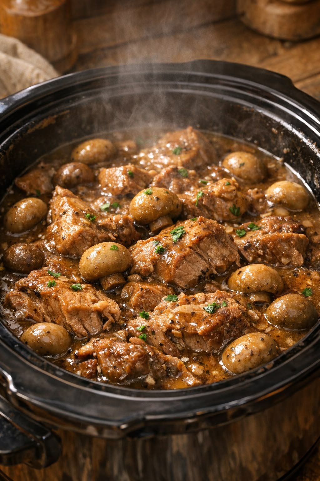 Slow Cooker Garlic Butter Beef Bites with Mushrooms