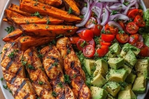Grilled Chicken Bowl with Sweet Potato Fries & Avocado Salad