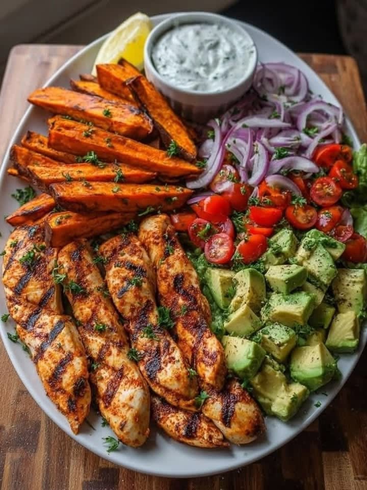 Grilled Chicken Bowl with Sweet Potato Fries & Avocado Salad