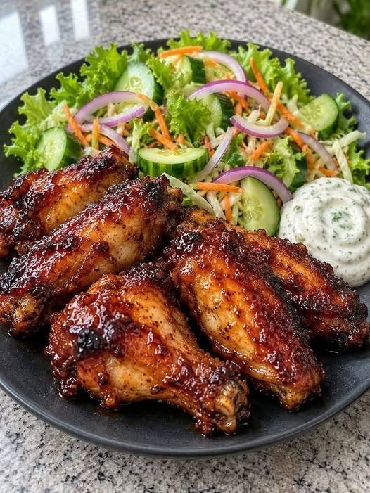 Sticky BBQ Chicken Wings with Fresh Cucumber Garden Salad!