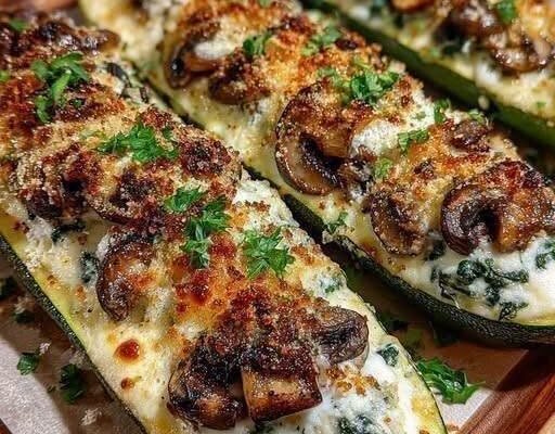 Spinach, Mushroom, and Ricotta Stuffed Zucchini Boats!