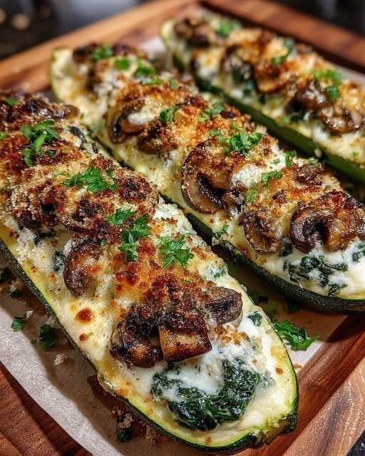 Spinach, Mushroom, and Ricotta Stuffed Zucchini Boats!