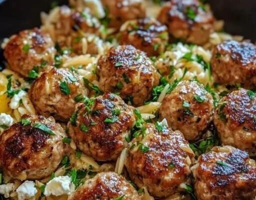 Lemon Chicken Feta Meatballs with Garlic Orzo!