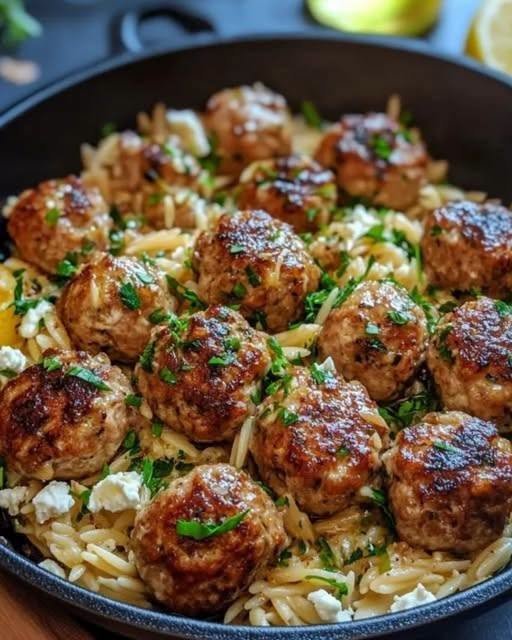 Lemon Chicken Feta Meatballs with Garlic Orzo!