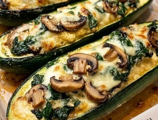Spinach, Mushroom & Ricotta Stuffed Zucchini Boats