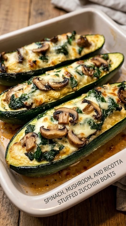 Spinach, Mushroom & Ricotta Stuffed Zucchini Boats