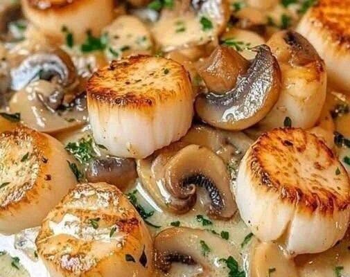 Seared Scallops with Creamy Mushroom Sauce!