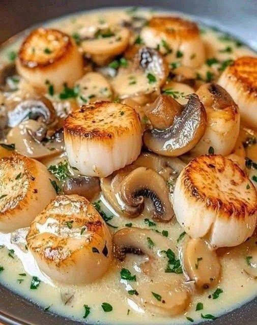 Seared Scallops with Creamy Mushroom Sauce!