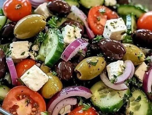 Classic Greek Salad with Feta, Olives & Fresh Vegetables!