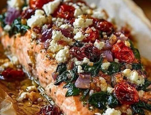 Mediterranean Baked Salmon with Spinach, Tomatoes & Feta!