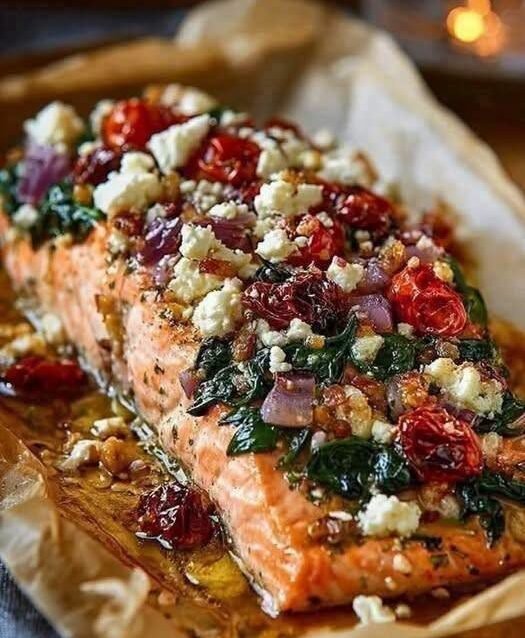 Mediterranean Baked Salmon with Spinach, Tomatoes & Feta!