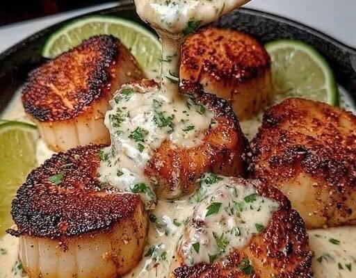 Sizzling Scallops with Zesty Lime Cilantro Sauce!