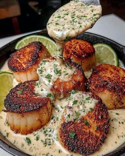 Sizzling Scallops with Zesty Lime Cilantro Sauce!