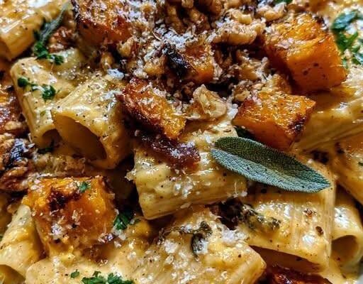 Creamy Butternut Squash Sage Rigatoni with Toasted Walnuts!