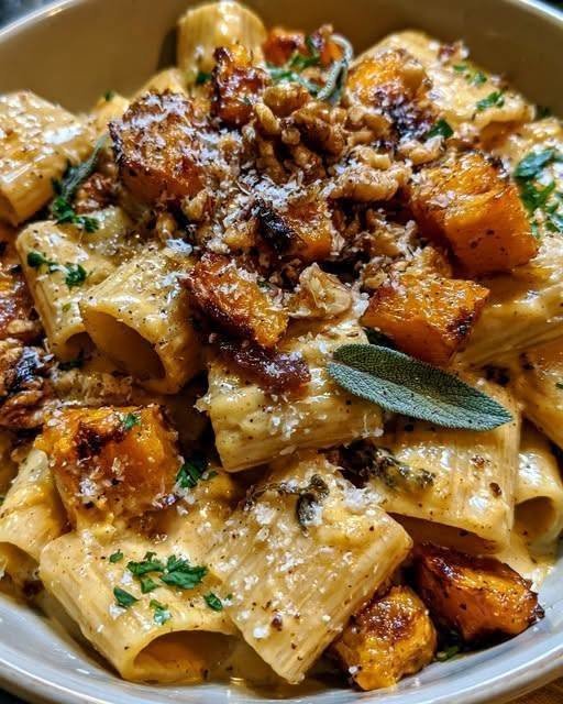 Creamy Butternut Squash Sage Rigatoni with Toasted Walnuts!