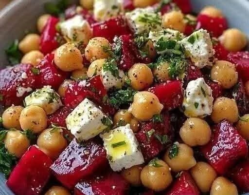 Chickpea, Beet & Feta Salad with Lemon-Garlic Vinaigrette