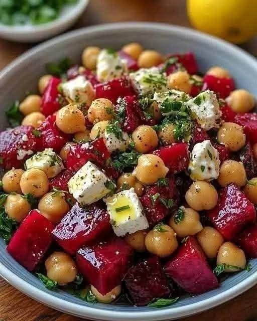 Chickpea, Beet & Feta Salad with Lemon-Garlic Vinaigrette