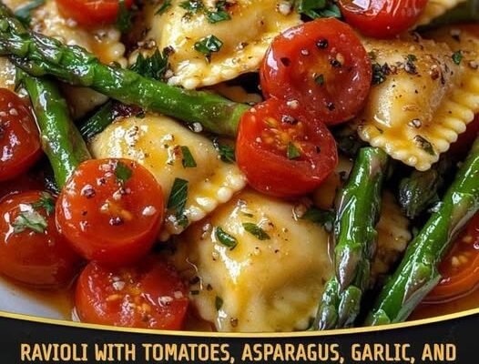 Ravioli with Tomatoes, Asparagus, Garlic, and Herbs