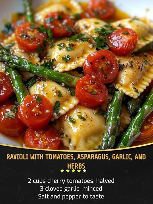Ravioli with Tomatoes, Asparagus, Garlic, and Herbs