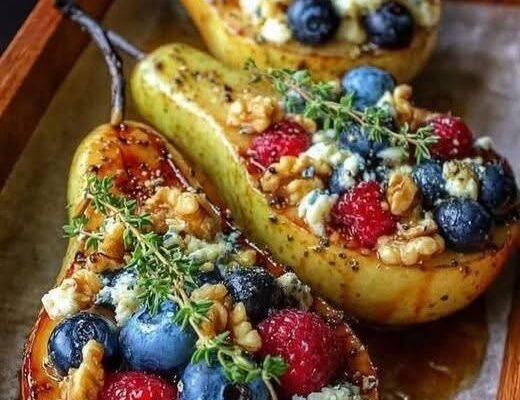 Baked Pears with Berries, Honey, Walnuts & Blue Cheese