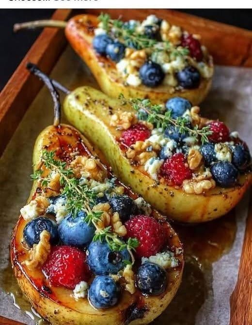 Baked Pears with Berries, Honey, Walnuts & Blue Cheese