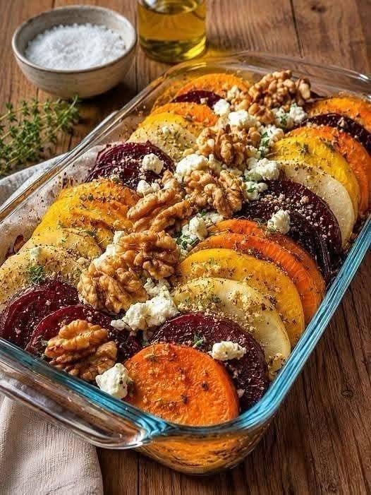 Roasted Sweet Potato, Beetroot & Feta Cheese Bake with Walnuts