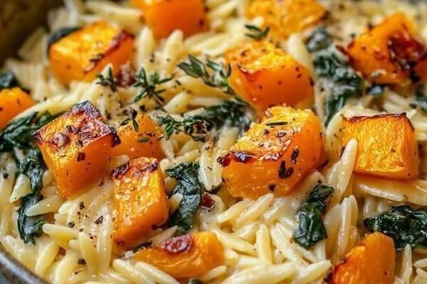 Creamy Orzo with Roasted Butternut Squash and Spinach!