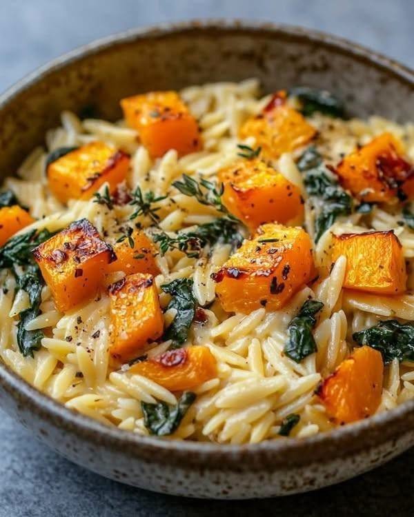 Creamy Orzo with Roasted Butternut Squash and Spinach!