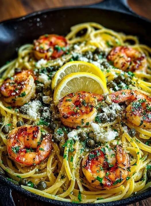 Mediterranean Shrimp Linguine with Lemon Butter & Capers!