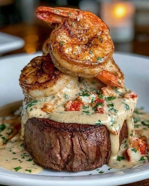 Filet Mignon with Shrimp & Lobster Cream Sauce!