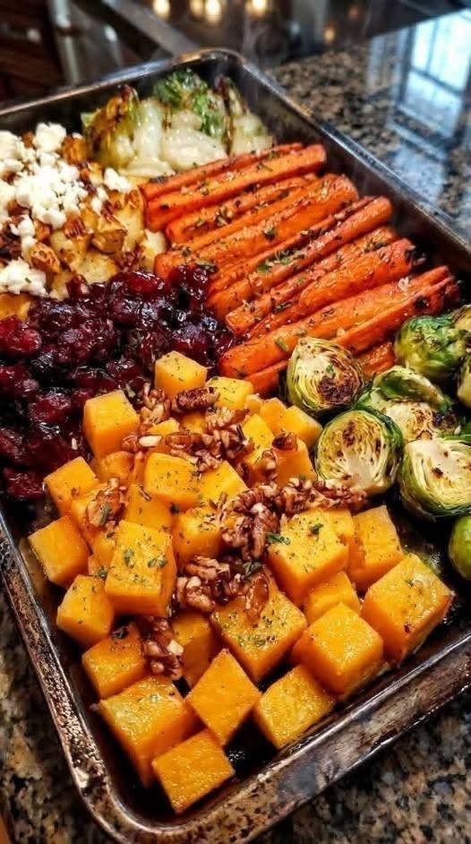 Caramelized Butternut Squash, Carrots, Brussels Sprouts & Sweet Potato with Feta, Walnuts & Cranberry-Honey Glaze