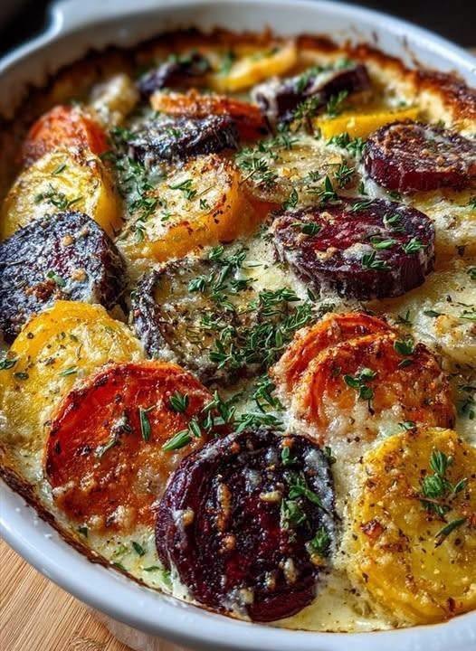 Root Vegetable Gratin with Sweet Potatoes, Parsnips, and Beets!